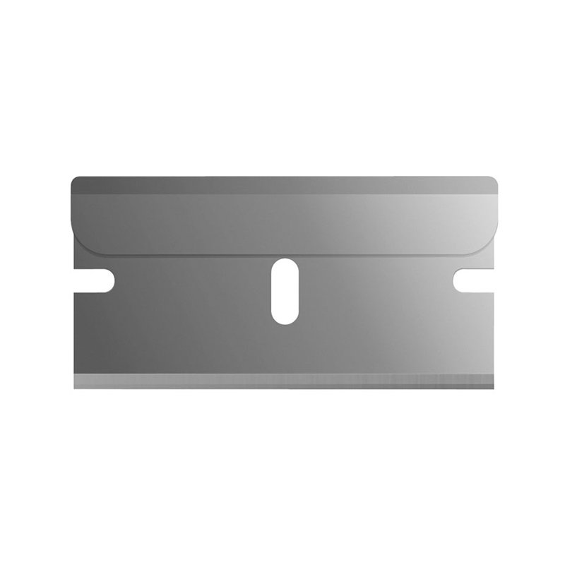 Double-edged razor blade laid flat with a central oval hole and side notches.