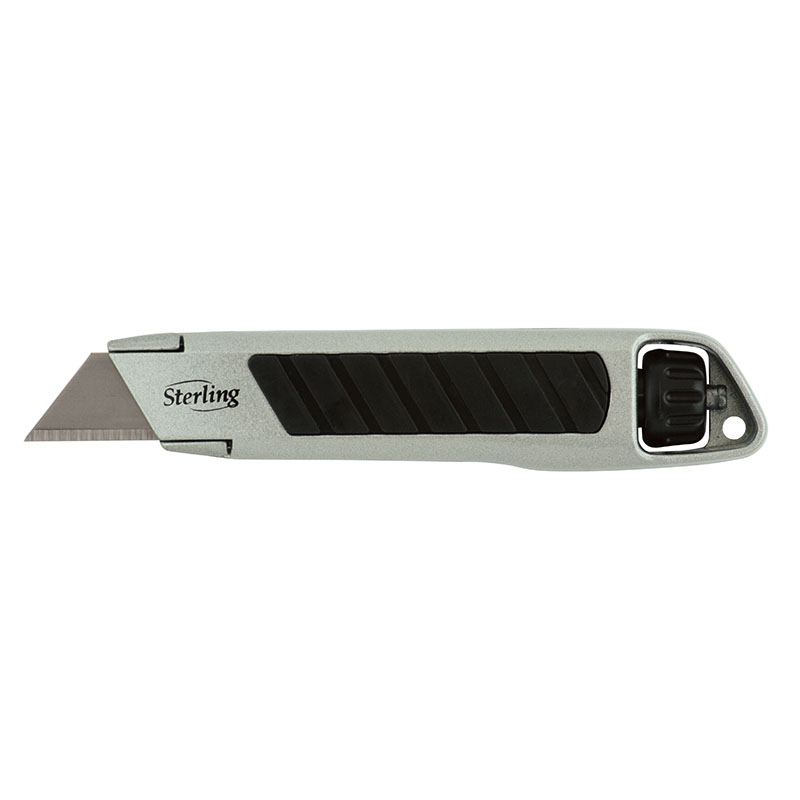 Silver retractable utility knife with black grip and blade extended from the front edge.