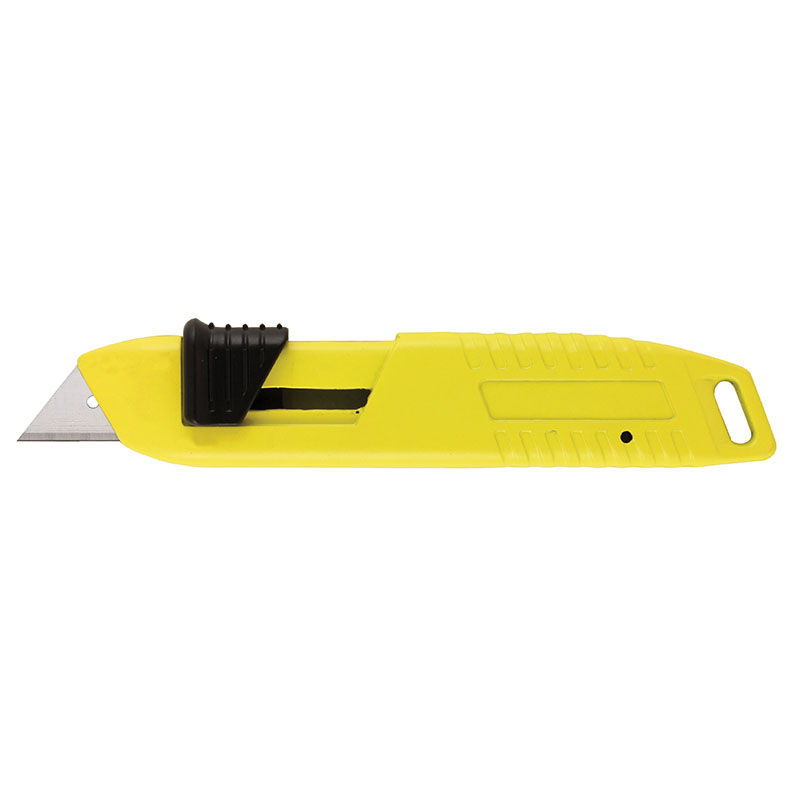 Yellow retractable utility knife (box cutter) with black grip, used for cutting cardboard and packaging materials in workshops or warehouses.