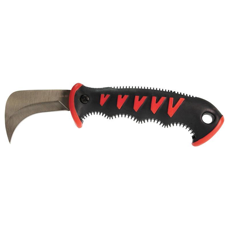 Curved fixed-blade utility knife with an ergonomic black and red handle and a stout blade edge