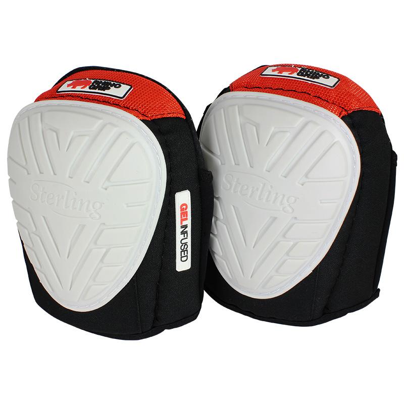 Pair of black knee pads with red tops and white hard protective shells, labeled Sterling under clear protection surface