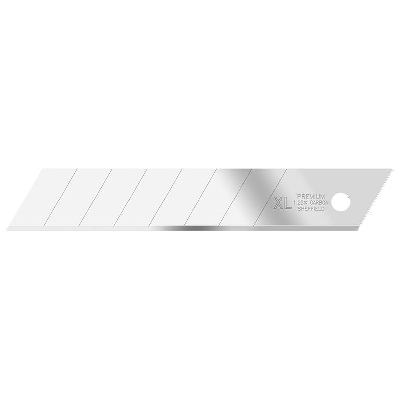 Slim silver razor blade with diagonal grooves, labeled XL Premium 1.25% Carbon Sheffield.
