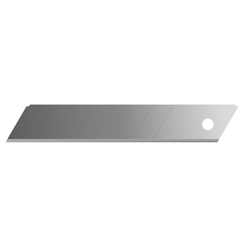 Metal strip blade from a utility knife, with diagonal grooves and a circular hole at the right end.