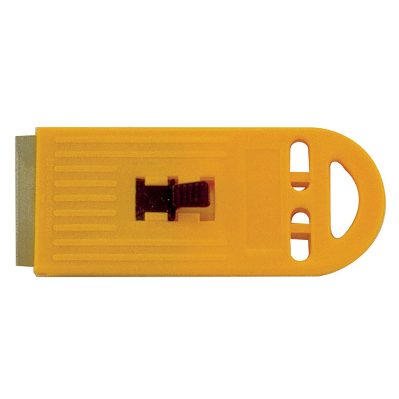 Yellow safety box cutter with a partially extended blade and a hanging hole on the end.