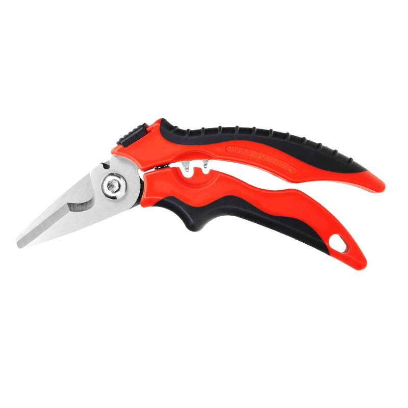 Red and black-handled pruning shears with steel blades for cutting branches and stems, showing a locking latch.