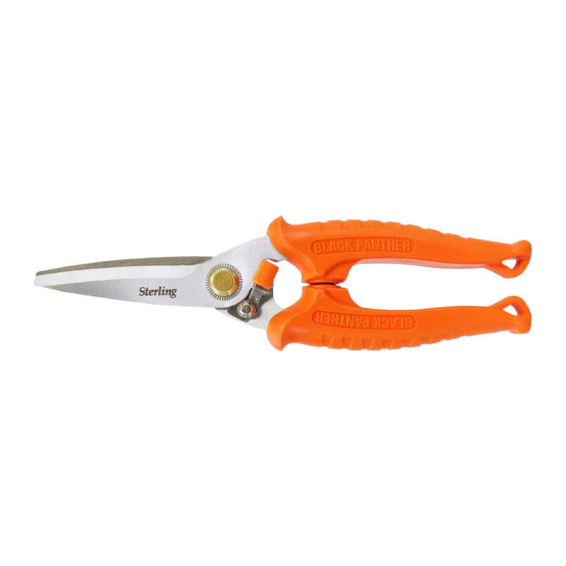 Orange-handled pruning shears with a silver blade, labeled Black Panther, for cutting branches and plants in gardening gear.