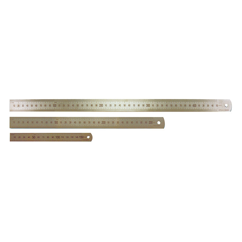 Three metal rulers of different lengths laid horizontally on a white background, marked with metric scales and holes at one end for hanging/anchoring.
