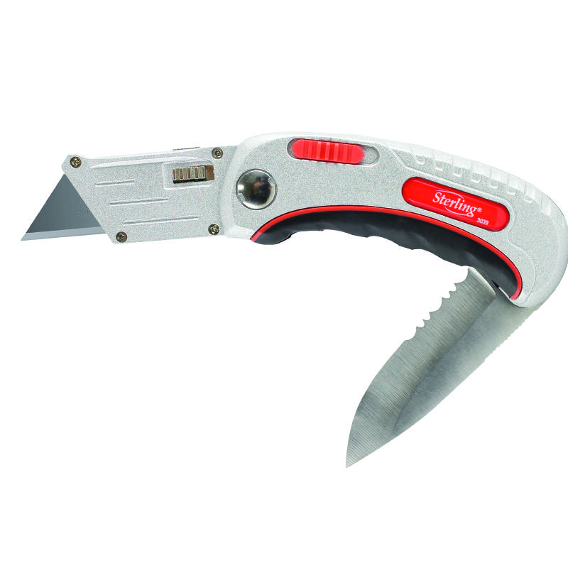 Folding utility knife with a retractable blade and a serrated knife blade extending from the handle (Sterling brand)