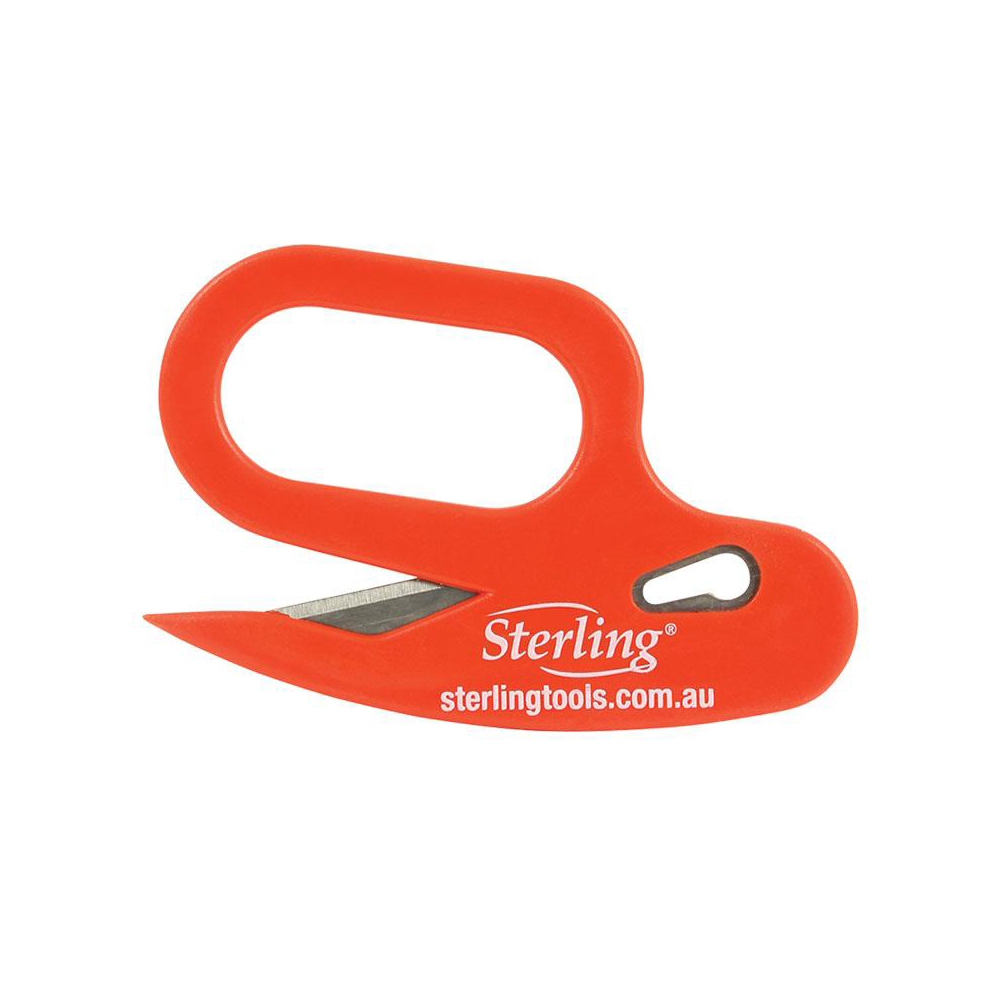 Orange compact scissors with a curved loop handle and Sterling Tools branding on the blade area