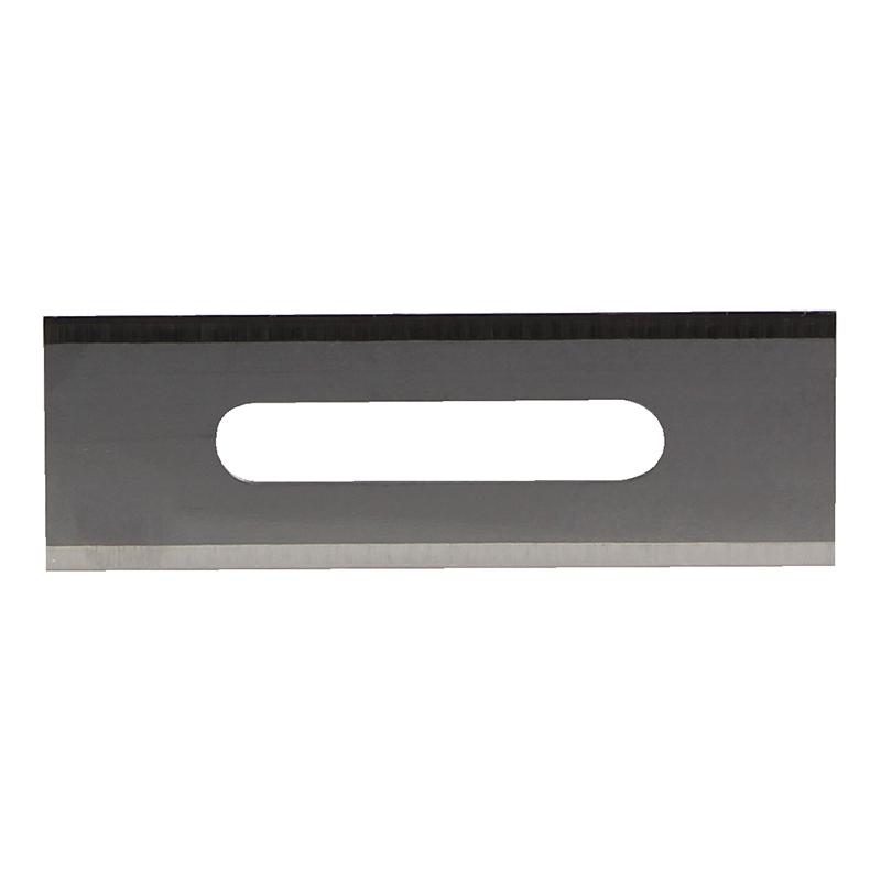 Flat metal blade with a rounded rectangular central slot (oval hole) in a gray surface.