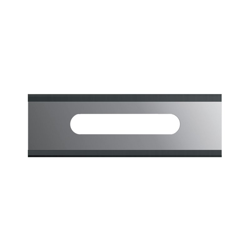 Metal razor blade with a rounded central cutout.