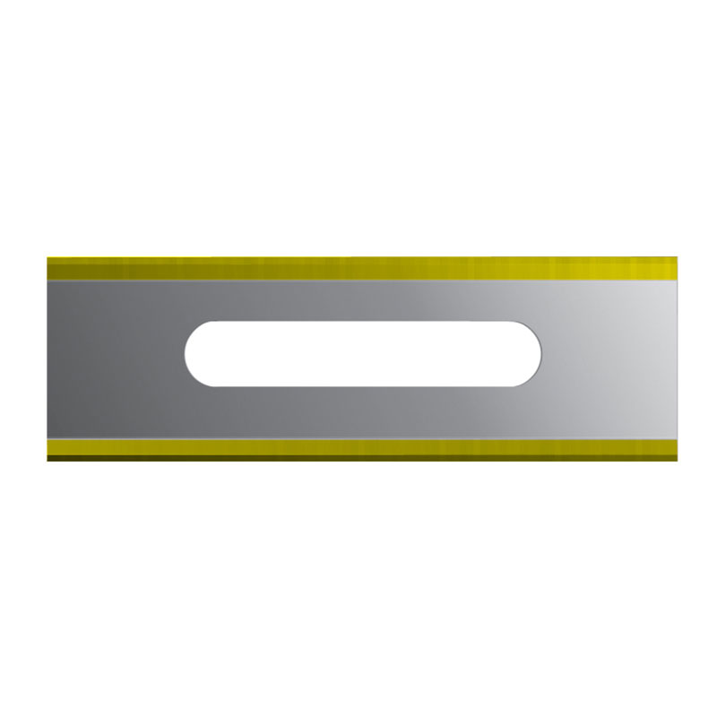 Long gray metal plate with a rounded rectangular central cutout and yellow caution stripes along the top and bottom.
