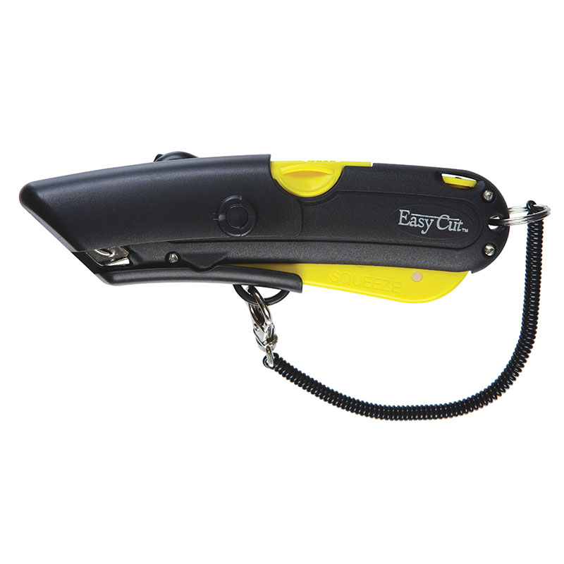 Black and yellow EasyCut utility knife with a retractable blade and coiled lanyard attached to a key ring