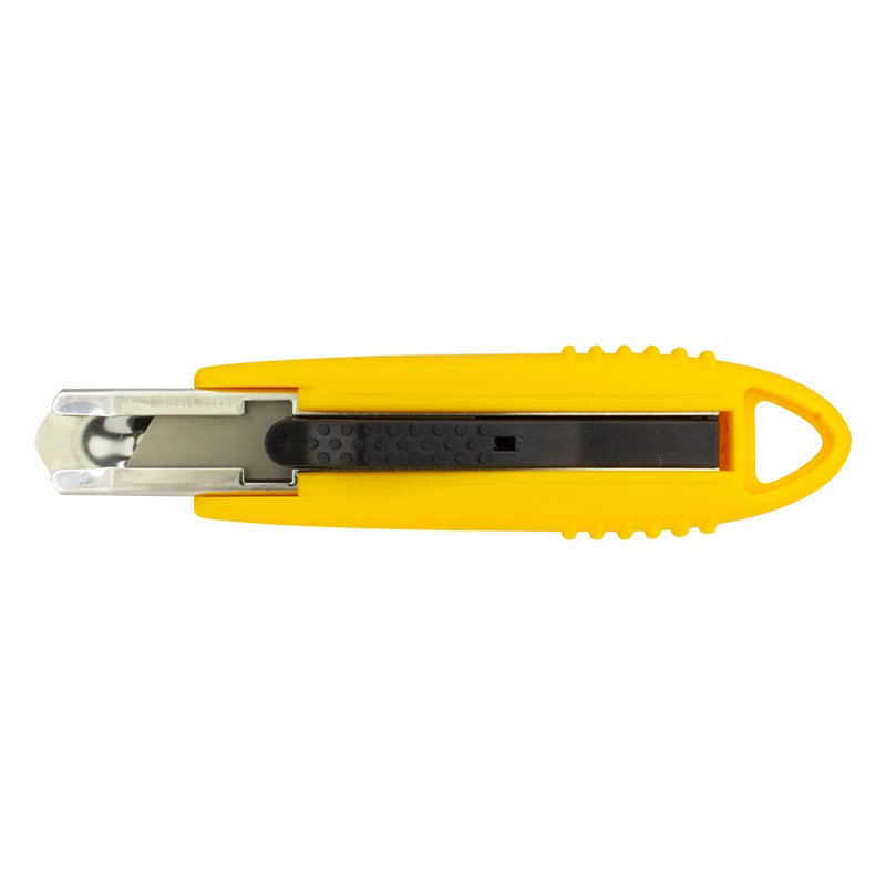 Yellow box cutter with metal blade extended, viewed from the side, on white background.