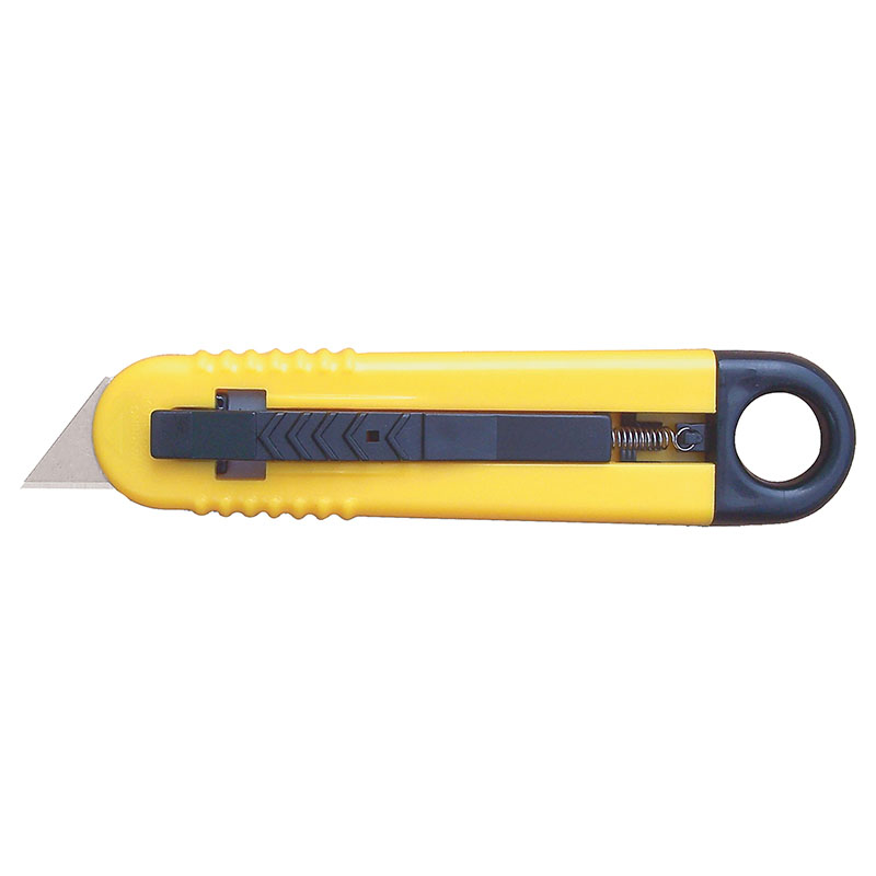 Yellow retractable utility knife with a black blade slider and a looped end for grip/attachment.”,