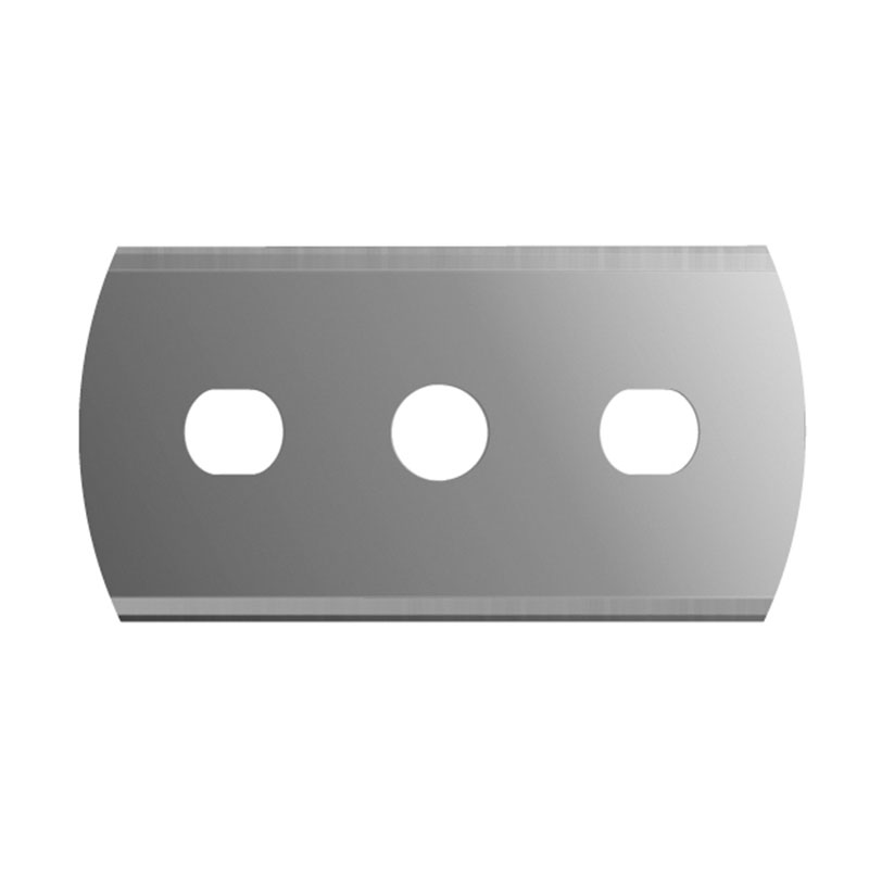 Curved metal razor blade with three circular holes and a beveled edge, shown on a white background