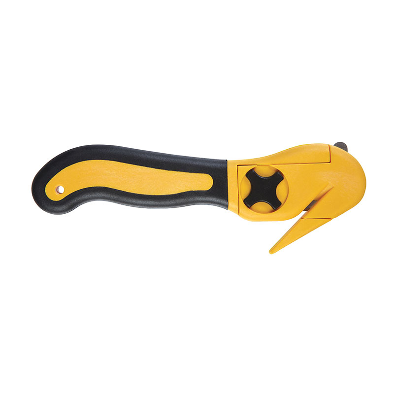 Yellow and black retractable utility knife with a safety guard blade folded in ready for use
