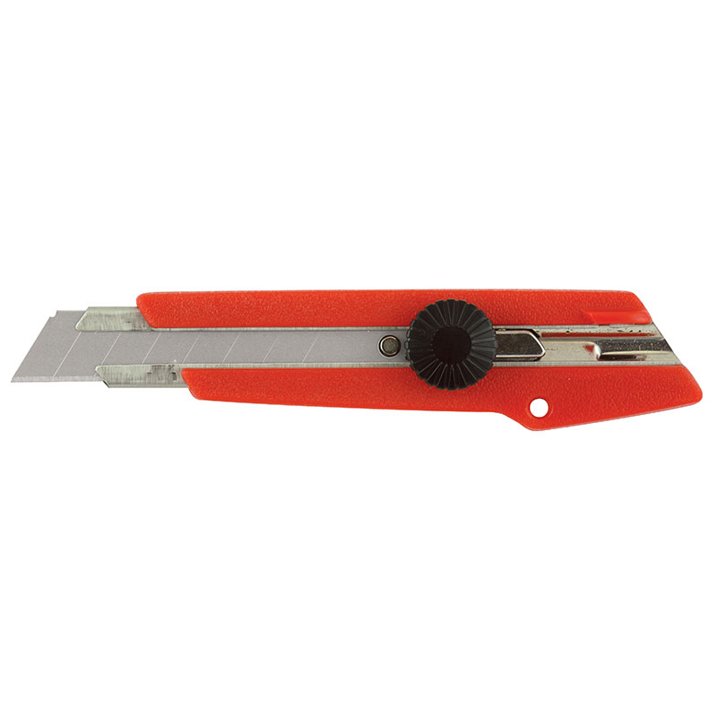 Orange box cutter with a partially extended metal blade and black adjustment wheel on the handle edge to widen the blade slot.