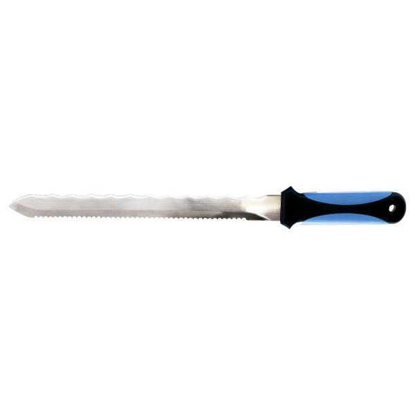 Bread knife with a long serrated blade and a blue-and-black handle used for slicing bread surface carel?