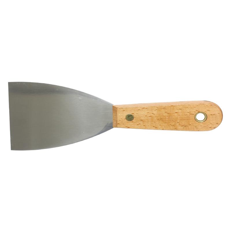 Metal-blade trowel with a light wooden handle and brass rivets, used for gardening or plastering