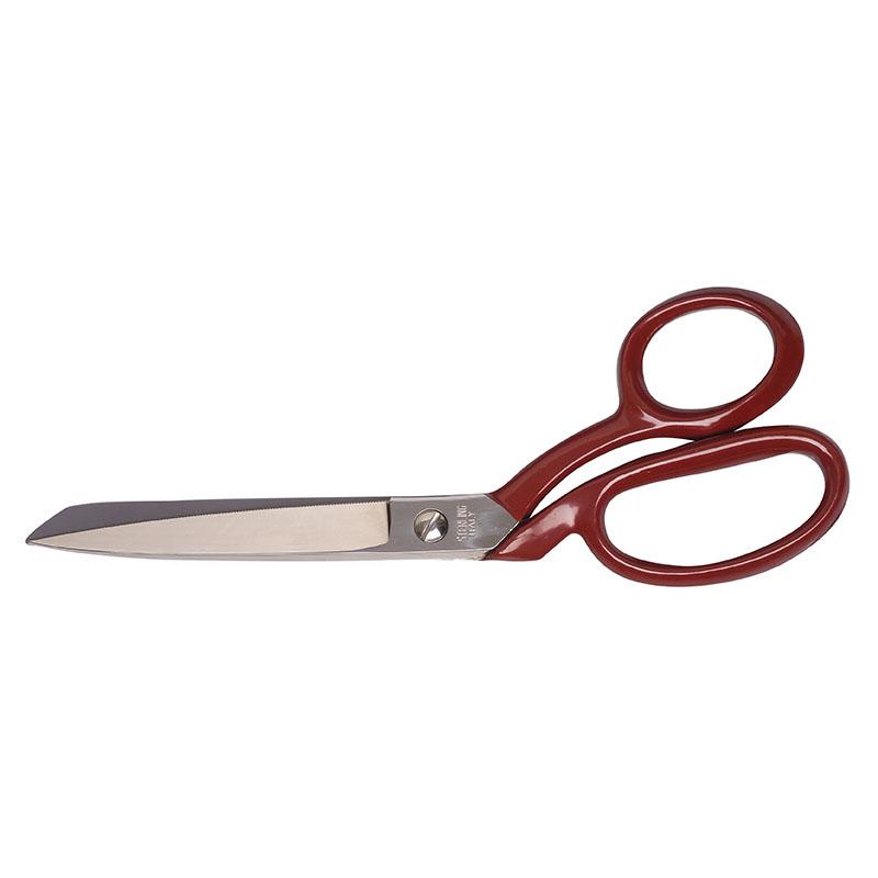 Red-handled scissors with shiny metal blades on a white background