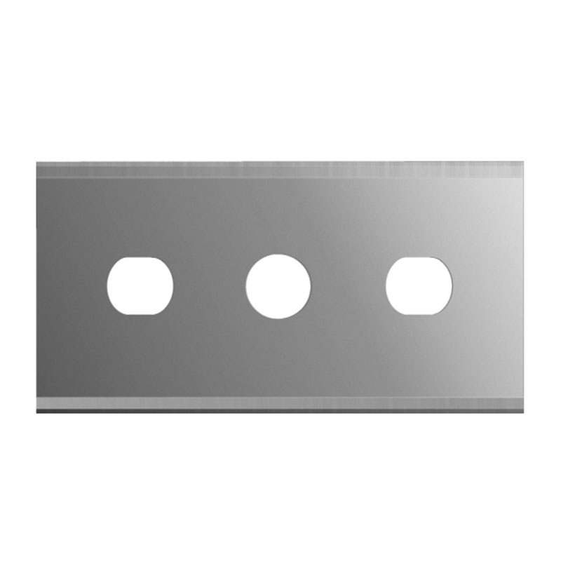 Gray metal plate with three cutouts: left and right rounded-square holes and a centered circle hole