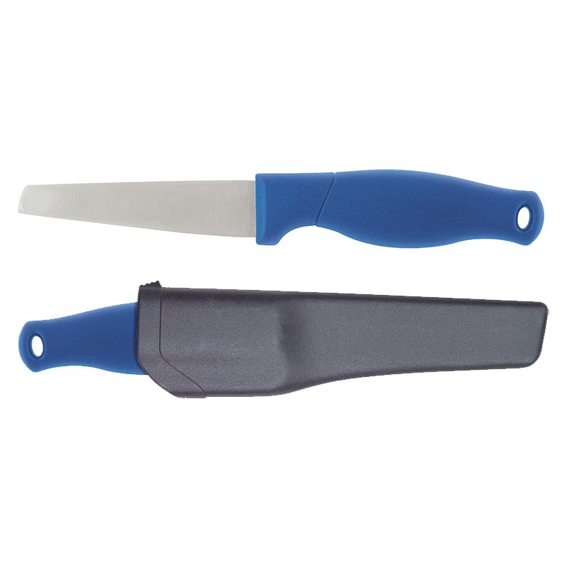 Blue-handled kitchen knife with a stainless steel blade and a matching blue sheath beside it.