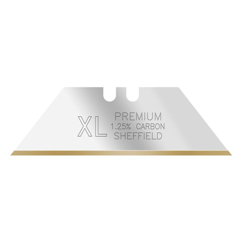Shiny silver steel tag with a gold bottom edge; reads 'XL Premium 1.25% Carbon Sheffield' with two top notches.