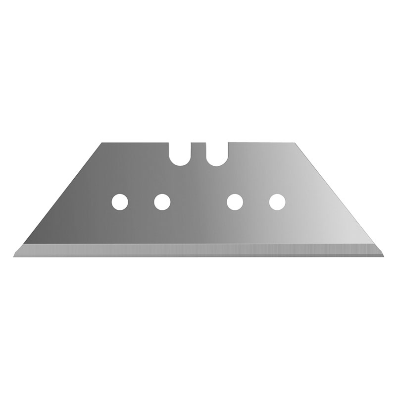 Top view of a utility razor blade with four holes and notches on a metallic surface, seen from above.