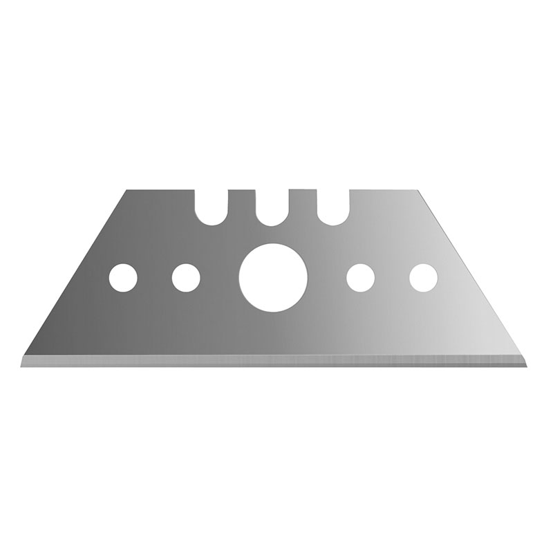 Silver razor blade with five circular holes and three notches along the top edge, shown against a white background.