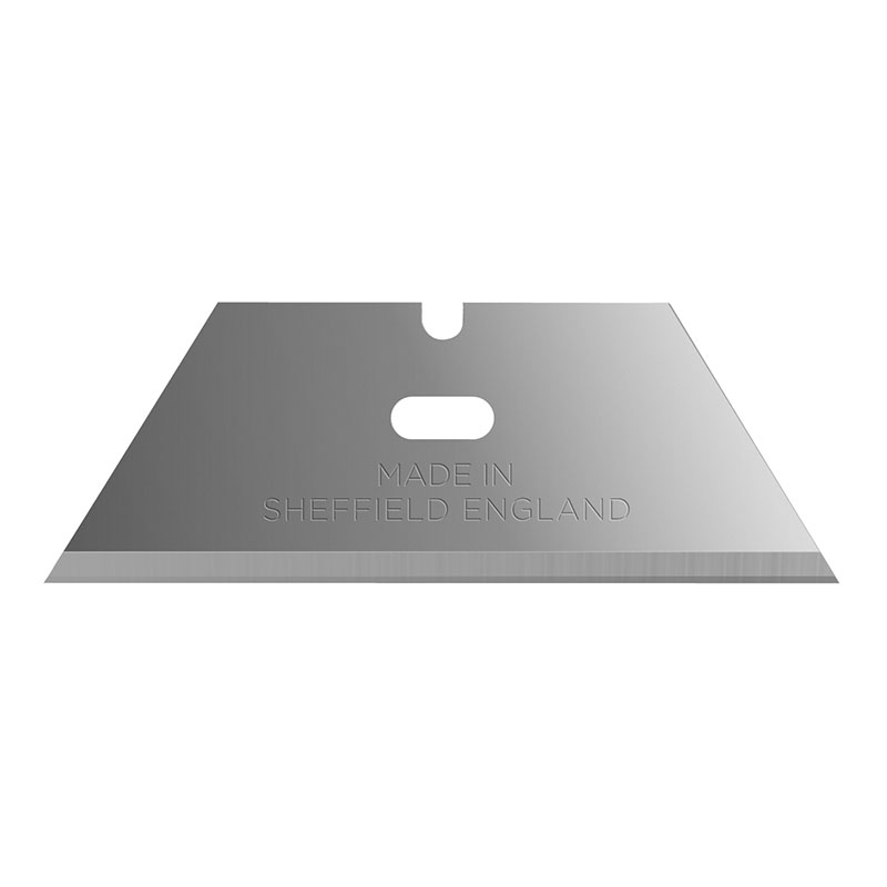Single metal razor blade with a rounded central hole and embossed 'MADE IN SHEFFIELD ENGLAND' text on a white background