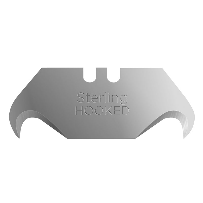Metal hooked blade with curved flanges and embossed text reading 'Sterling HOOKED' at center, likely a cutting tool component.