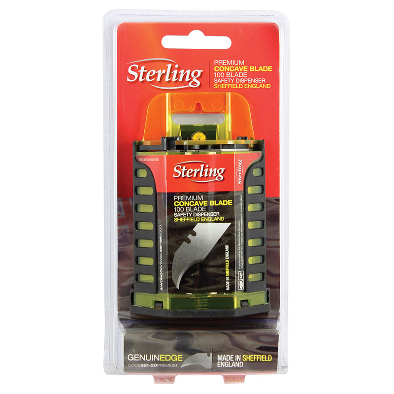 Sterling Premium Concave Blade Safety Dispenser in blister packaging with orange top, red label, and 100 blades.