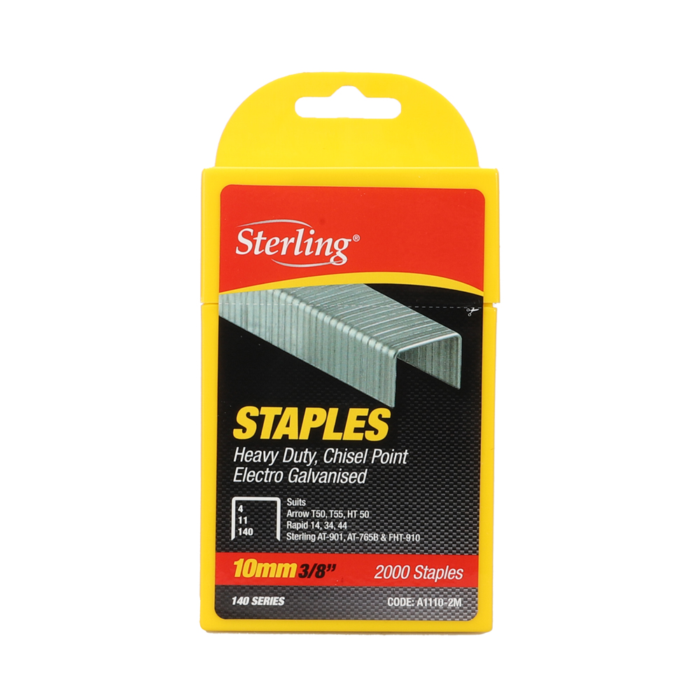 Sterling heavy-duty staples packaging showing 10 mm (3/8 in) staples, 2000 staples included in yellow box