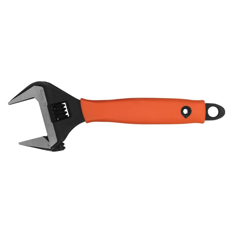 Orange-handled adjustable pipe wrench with serrated jaws for gripping pipes and fittings