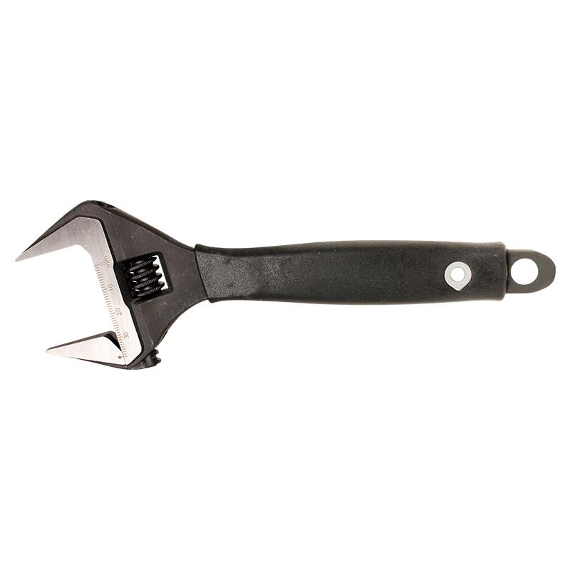 Adjustable wrench with a built-in ruler on the jaw and a black handle.