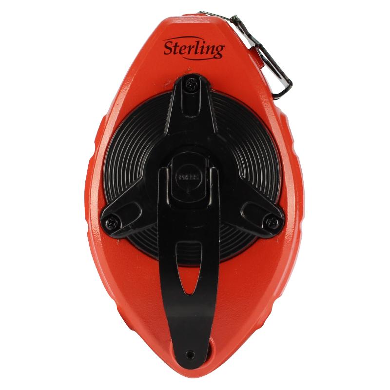 Back view of a red Sterling line reel with a circular black spool and mounting arm, seen from the rear.