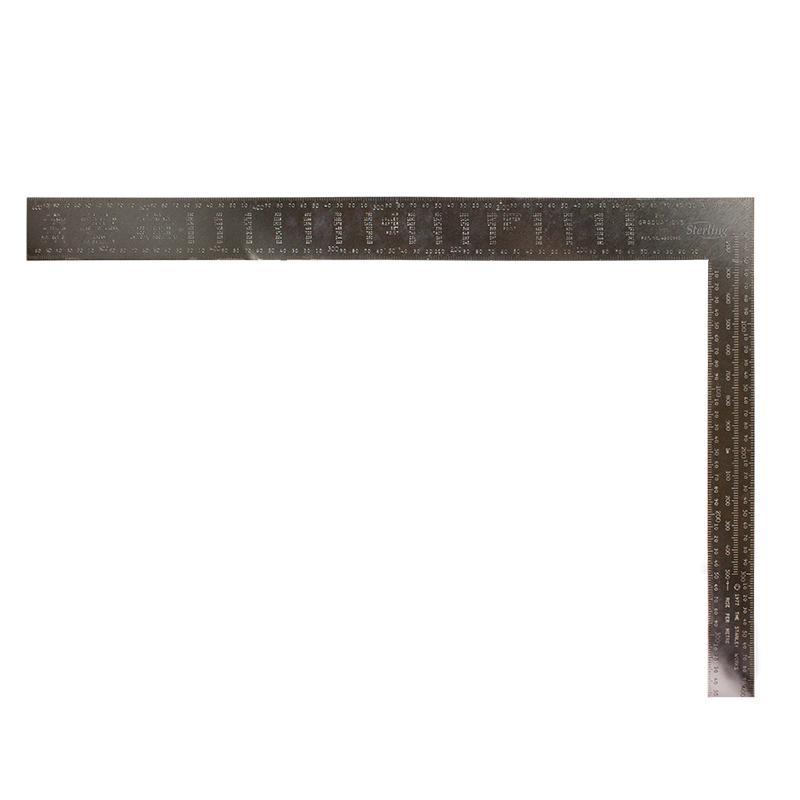 Steel L-shaped carpenter's square with measurement markings along the arms, used for marking right angles in carpentry and metalworking.