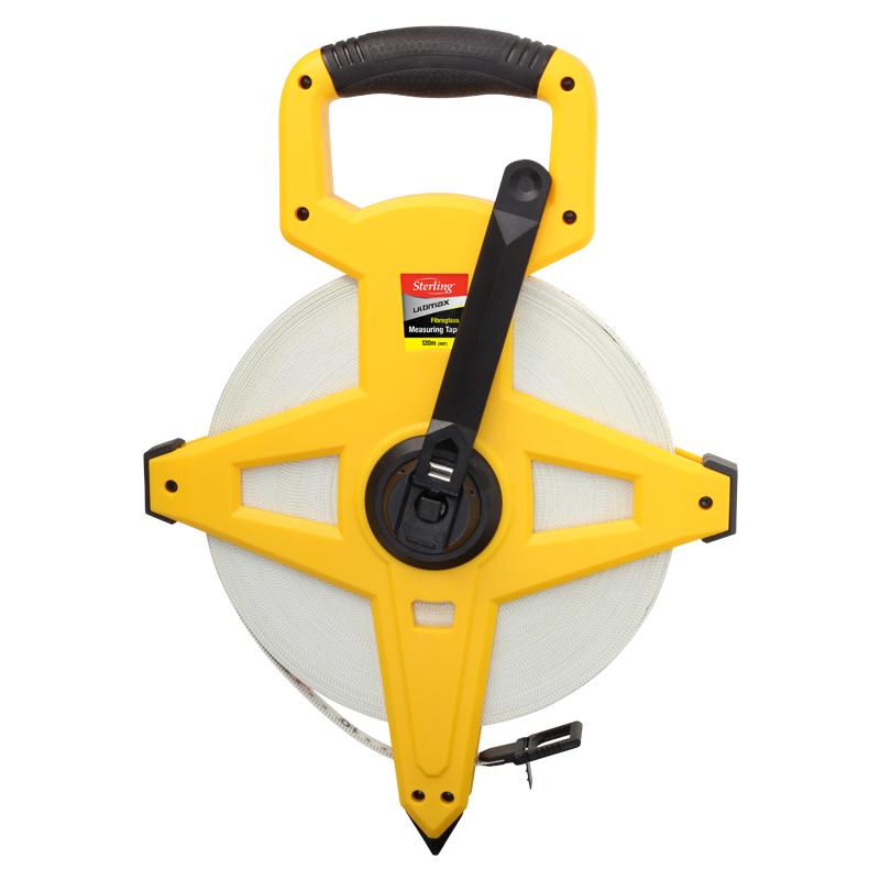Yellow plastic tape measure reel with a black handle and retractable tape extended around the wheeleç