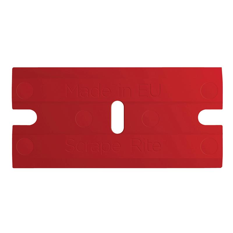 Red replacement scraper blade with a central mounting slot and side cutouts, labeled 'Made in EU' and 'Scrape Rite' for tool attachment.