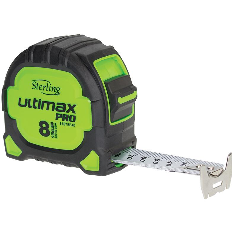 Neon-green and black Sterling Ultimax Pro tape measure with the metal tape extended to show metric markings.