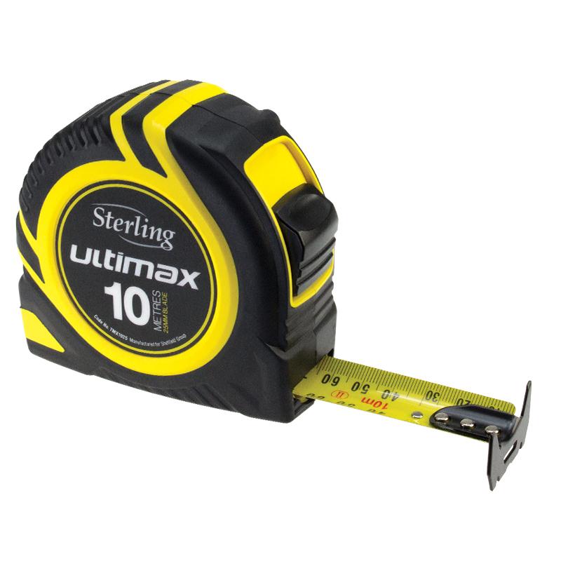 Yellow and black Sterling Ultimax 10m tape measure with extended tape blade visible.