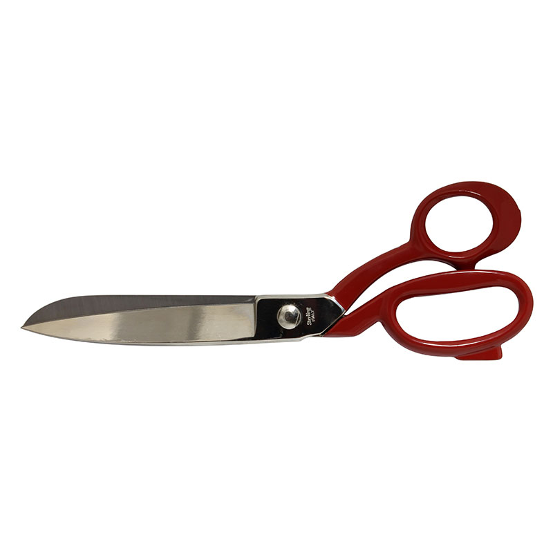 Red-handled scissors with metal blades on a white background.