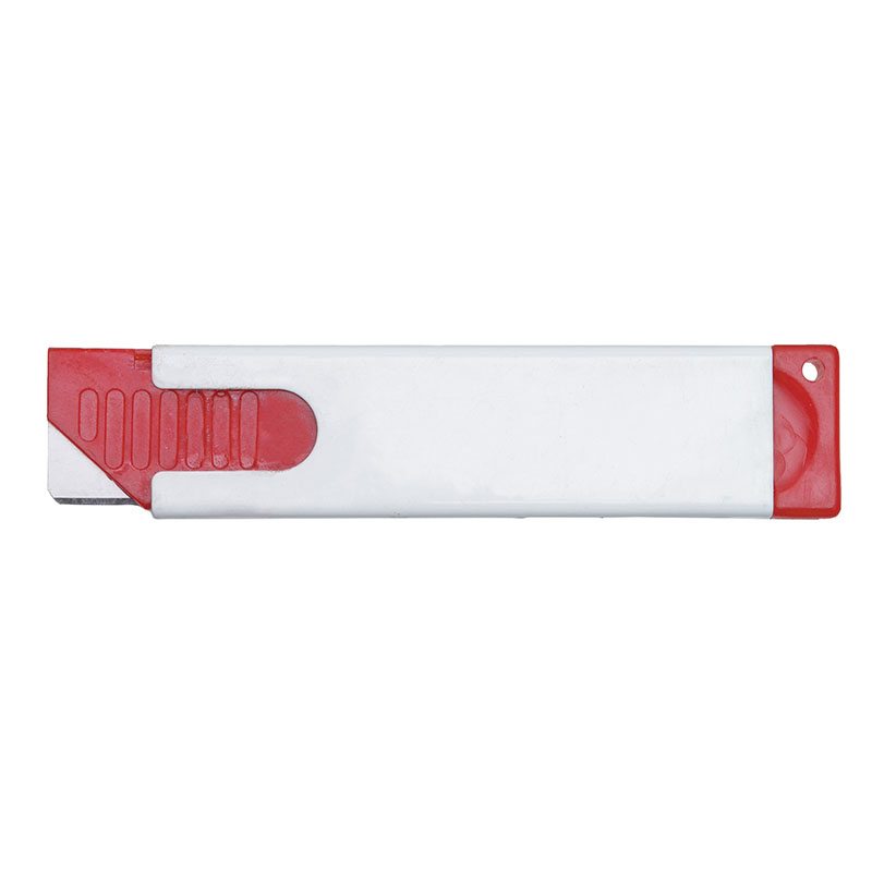Red and silver retractable utility knife (box cutter) with blade guard visible on left side and red end cap on the right
