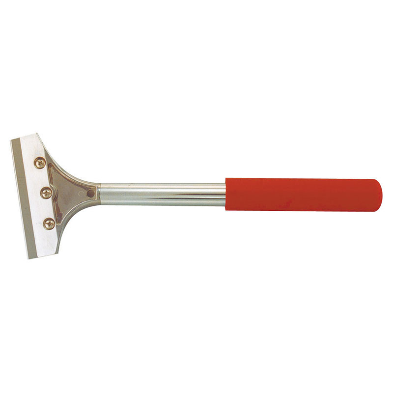 Window squeegee with a red handle and metal blade for cleaning glass surfaces.