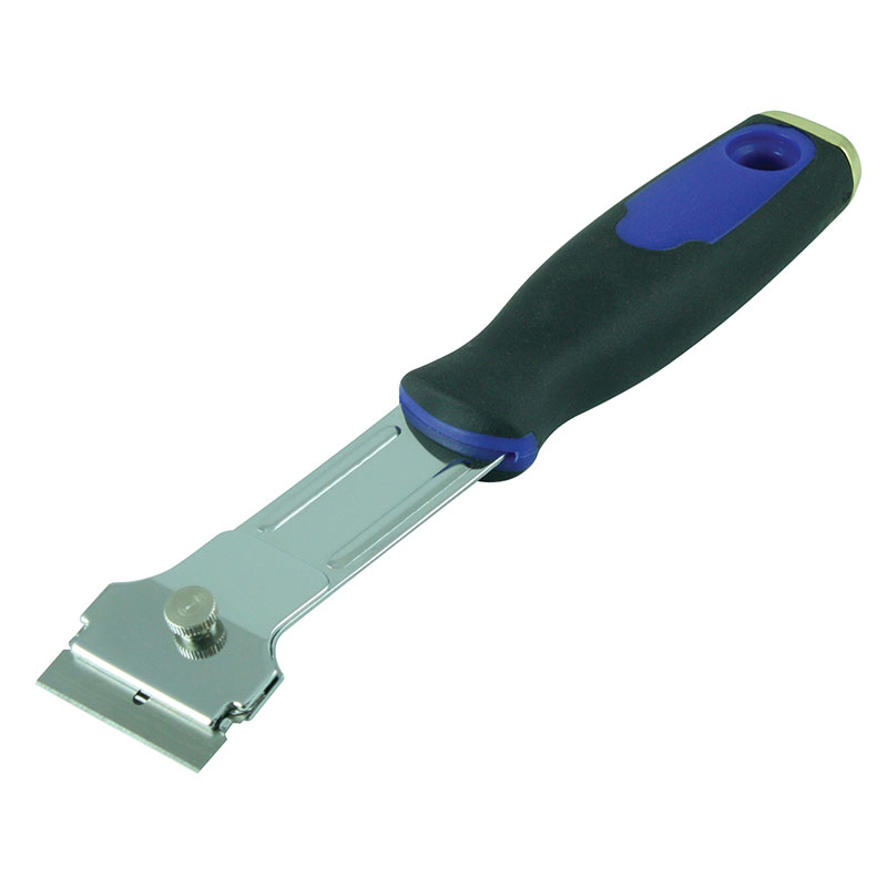 Retractable-blade utility knife with a black and blue ergonomic handle.