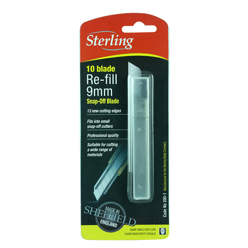 Sterling 9mm snap-off blade refill package with 10 blades for precision cutters (Made in Sheffield, England)