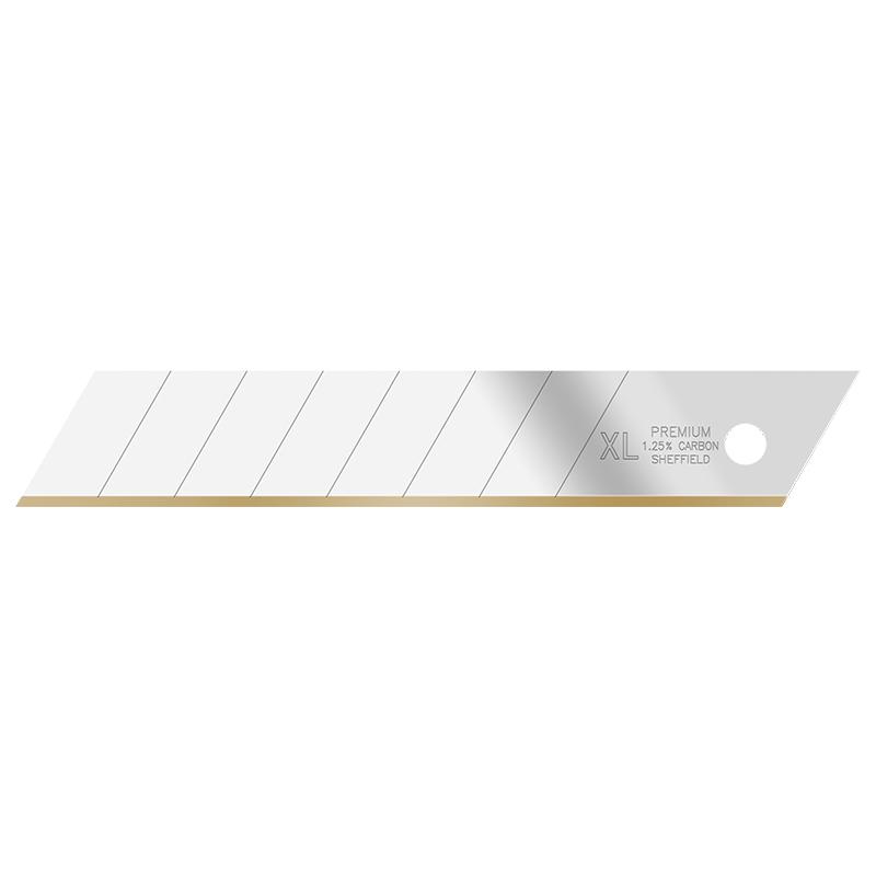 Flat, elongated razor blade with diagonal grooves and a gold edge at the bottom, labeled XL Premium 1.25% Carbon Sheffield.