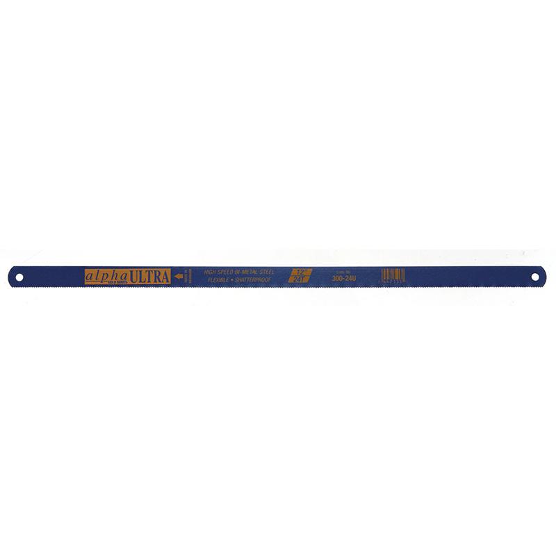 Blue ruler with 'alpha ULTRA' label laid flat, long metal measuring tool with holes at both ends.