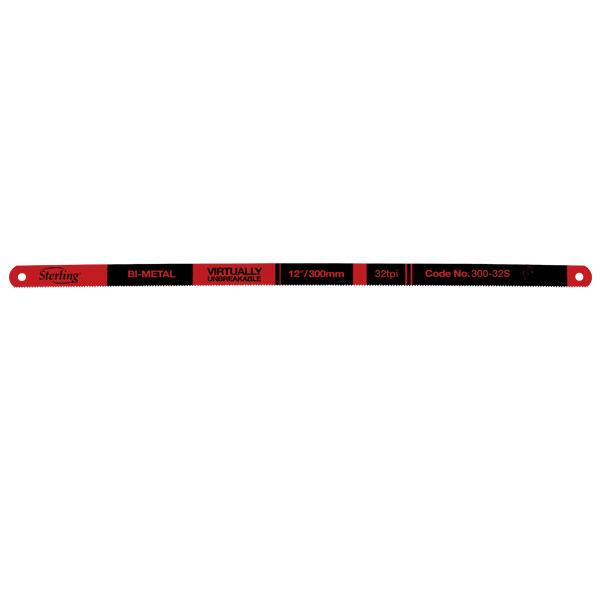 Red and black bi-metal tape measure laid flat, showing 12"/300mm markings and end holes for attachment